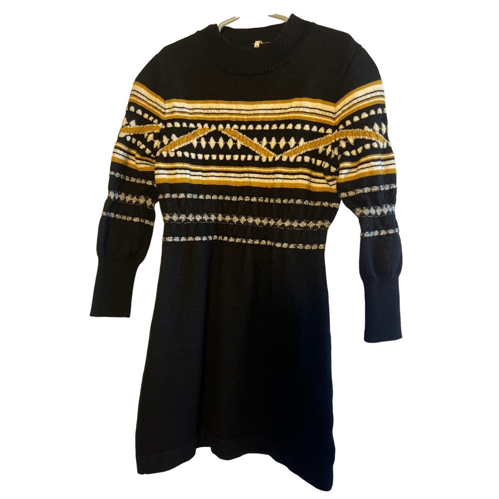 Free People Girls Dainty Boho Wool Blend‎ Sweater Dress Black Mustard Small